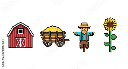 Pixel art farm icons: barn, hay cart, scarecrow, sunflower