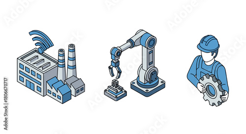 Smart manufacturing icons with factory, robot arm, and worker in isometric style