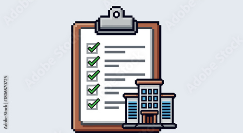Isometric pixel art checklist with office building symbolizing business organization