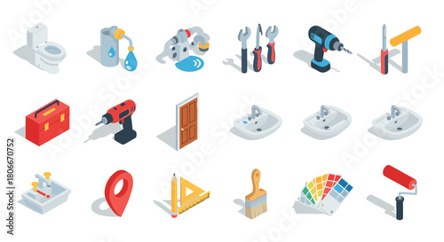 Isometric home repair tools and plumbing icons set for diy projects