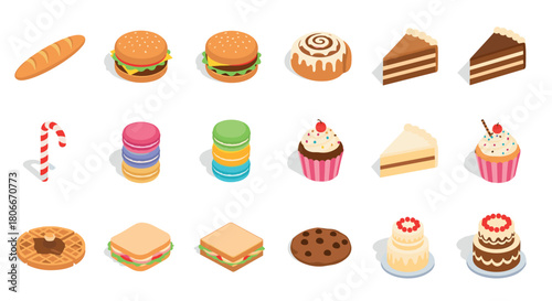 Isometric sweets and bakery collection: cakes, sandwiches, desserts, and confections