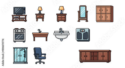 Home furniture and appliances in pixel art style