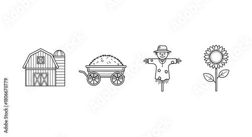 Linear farm icons featuring barn, hay cart, scarecrow, and sunflower