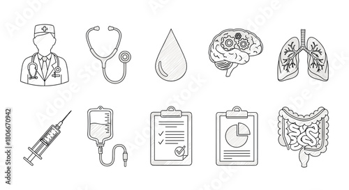 Hand-drawn medical icons with doctor, stethoscope, brain, organs, and medical equipment