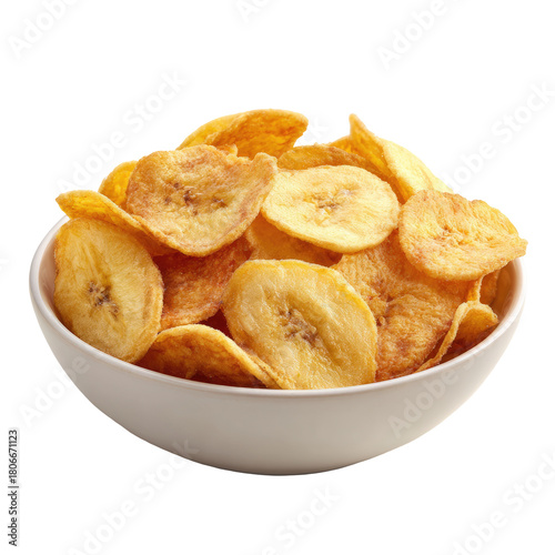 Bowl brimming with crispy, golden banana chips on a dark backdrop