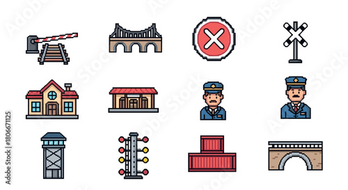 Colorful pixel train elements: signals, bridges, buildings, and conductors