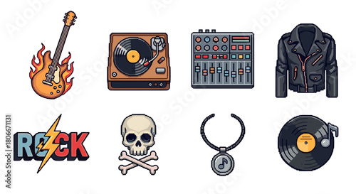 Retro music and fashion icons set with guitar, vinyl, and more in pixel art style