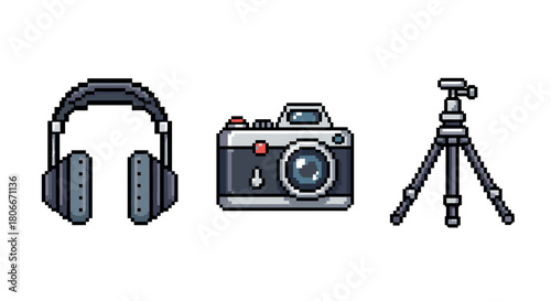 Retro pixel art of headphones, camera, and tripod