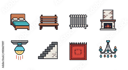 Pixel art home icons: furniture, decor, and fixtures in retro style