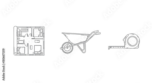 Linear construction elements: floor plan, wheelbarrow, and tape measure design