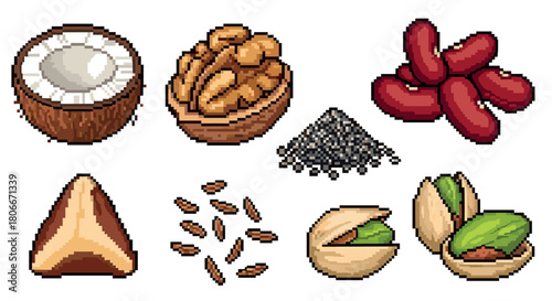 Pixel art nuts and seeds collection: coconut, walnuts, pistachios, and more