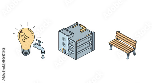 Urban essentials: eco lightbulb, under construction building, and wooden park bench in isometric style