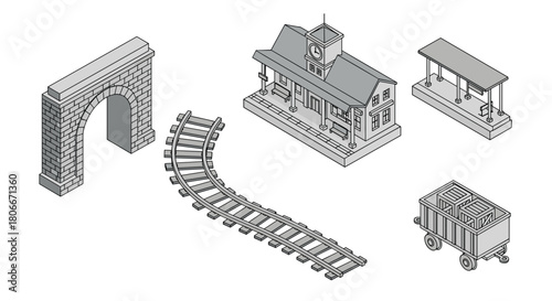 Isometric train station elements: tracks, terminal, bridge, platform, cart