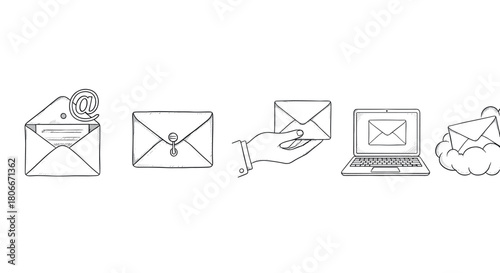 Hand drawn email icons: envelopes, cloud, and laptop designs