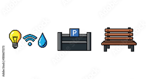 Pixel art urban icons: light bulb, wifi, water drop, parking sign, and bench