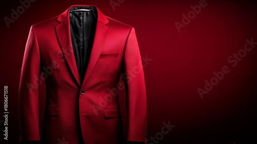 Elegant red blazer is displayed against a shaded burgundy background, showcasing its tailored design and smooth texture.