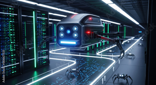 Futuristic automated robot machine for advanced technology. Server in data center represents machine learning and powerful processing for new era of robotics and innovation