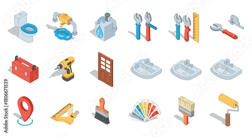 Isometric home repair tools: plumbing, painting, and carpentry essentials