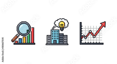 Pixel art business icons: growth analysis, innovation, trend graphs
