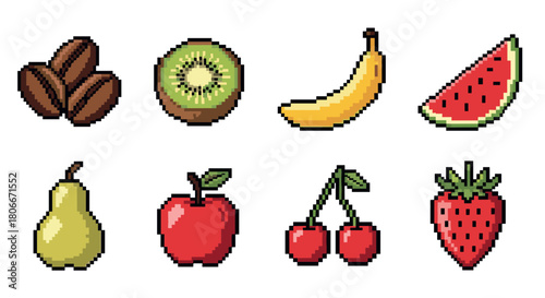 Bright pixel art fruits set featuring watermelon, banana, kiwi, and more