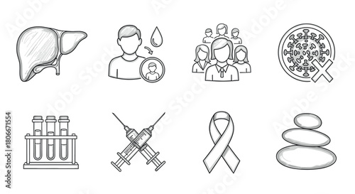 Line art medical icons: liver, syringes, virus, and more