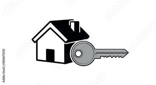 Black and white house with key symbolizing home ownership and security