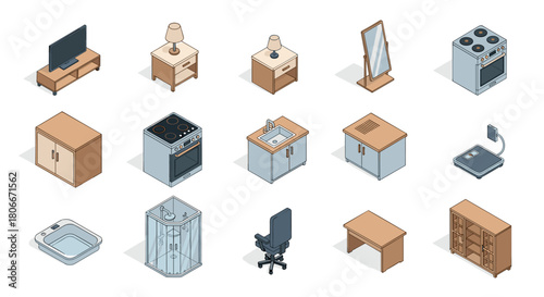 Isometric home furniture set: detailed modern interior design elements