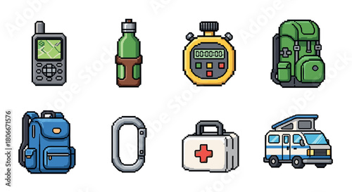 Pixel art camping gear: backpacks, gadgets, and first aid essentials