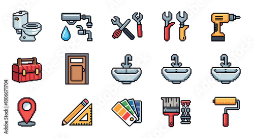 Pixel art plumbing and tools icons for repair and maintenance projects