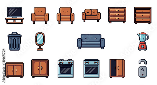 Colorful pixel art home furniture and appliances collection