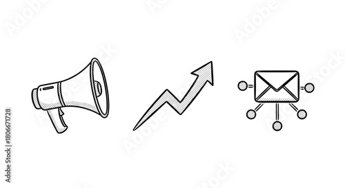 Hand-drawn communication and marketing icons with megaphone and email