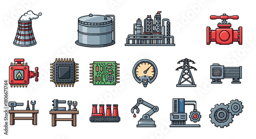 Industrial icons set featuring factories and equipment in linear style