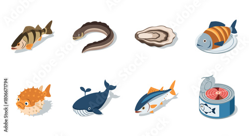 Isometric seafood variety: fish, shellfish, and canned options