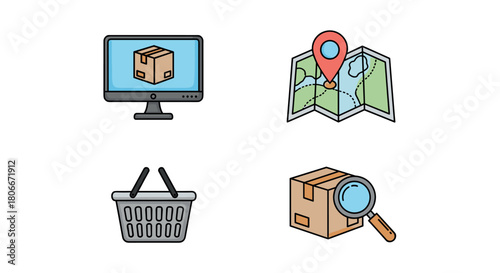Ecommerce icons: online shopping, delivery tracking, and logistics symbols
