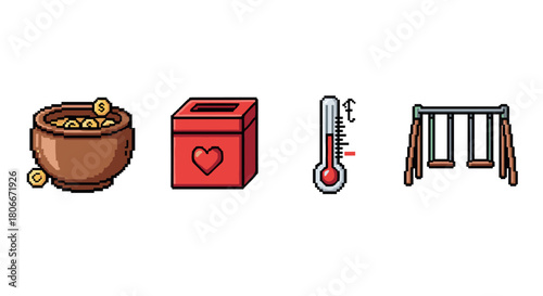 Retro 8-bit set: donation box, thermometer, coin pot, playground swing