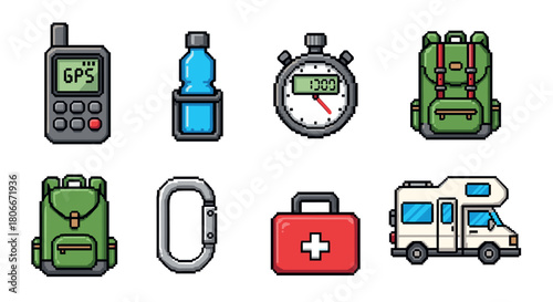 Pixel art camping essentials: backpack, stopwatch, gps, and first aid kit