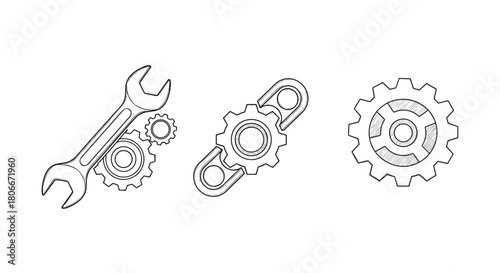 Monochrome wrench and gear icons: engineering and maintenance symbols in outline style