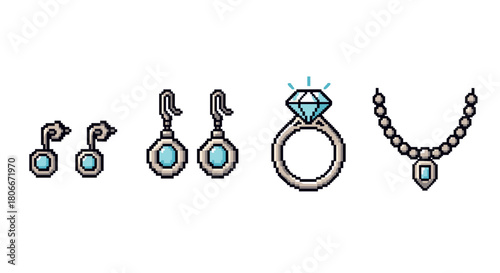 Retro pixel art jewelry collection with diamond rings and earrings