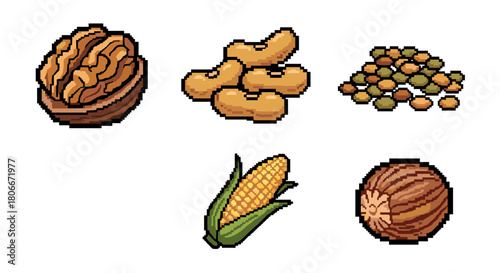 Retro pixel art collection of nuts and grains with corn cob