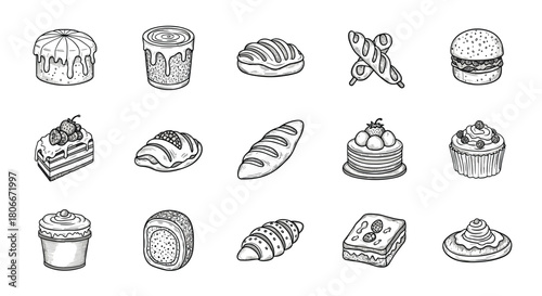 Hand drawn pastry icons collection featuring bread, cakes, and desserts