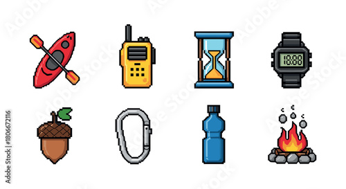 Pixel art outdoor adventure icons: kayak, walkie talkie, hourglass, watch, and more