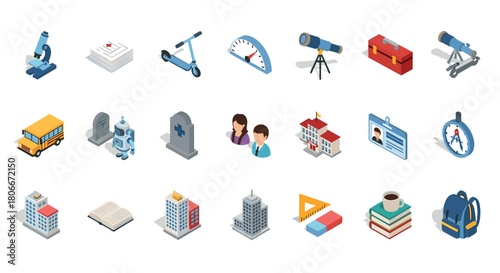 Isometric educational and science icons set featuring school and exploration tools