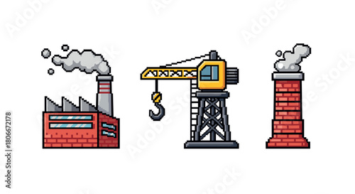 Pixel art construction elements with factory, crane, and chimney