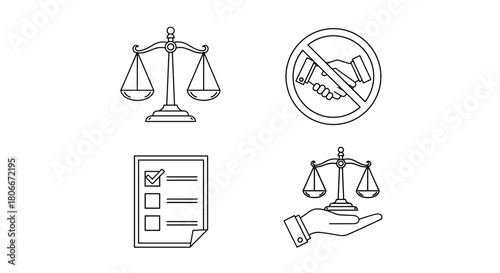 Linear justice and ethics icons: scales, handshake, checklist symbols
