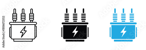 electric transformer vector icon set. isolated electrical power substation transformer symbol. electricity station current transformer box sign in black color.