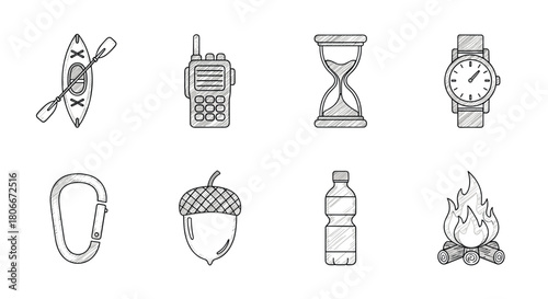 Hand drawn camping icons: adventure essentials and outdoor gear set