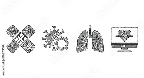 Sketch style medical icons set featuring virus, heart monitor, lungs, and bandages