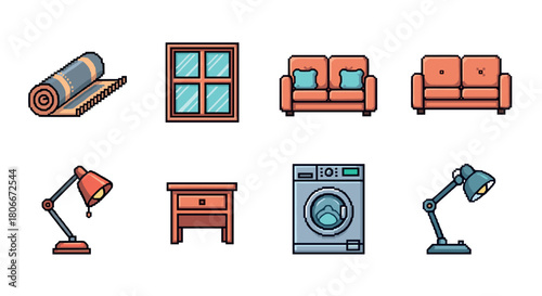 Pixel art home icons: sofa, lamp, washing machine, table, window, carpet
