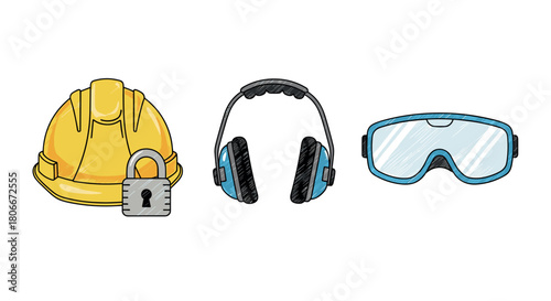 Safety gear essentials: hard hat, ear protection, and goggles in sketch style