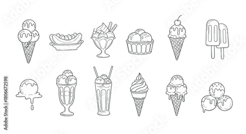 Hand drawn ice cream set with cones, sundaes, and popsicles in line art style